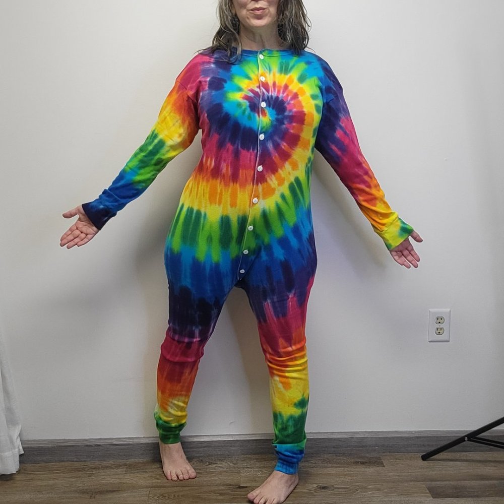 Vtg 90s SUNDOG Psychedelic Rainbow Swirl Tie Dye Union Suit Unisex XL - EUC - Picture 9 of 12